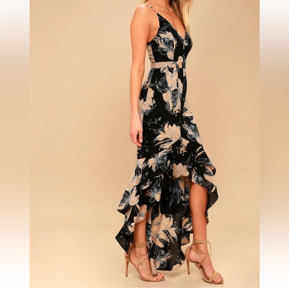 lulus Darling Daylily Black Floral Print High-Low Maxi Dress